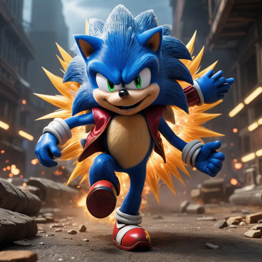 a sonic the hedgehog character running through a city street with a fireball in his hand and a fireball in his mouth, sots art, concept art, Chris LaBrooy, unreal engine highly rendered