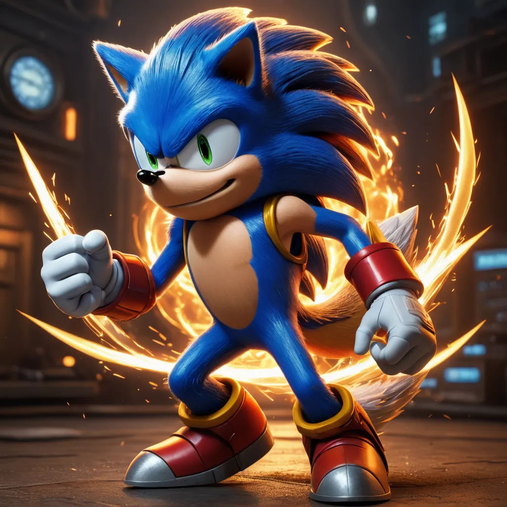 a sonic the hedge character in a video game character pose with a fireball in the background and a building in the background, sots art, a 3D render, Chris LaBrooy, unreal engine 5 highly rendered