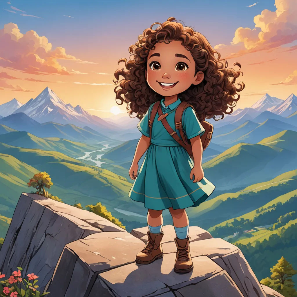 a cartoon girl standing on a rock in the mountains with a backpack on her back and a mountain range in the background, sots art, a storybook illustration, Ada Hill Walker, promotional image