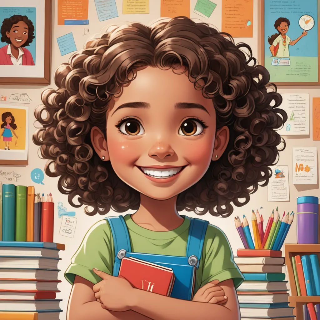 a cartoon girl with curly hair and a green shirt is standing in front of a pile of books and holding a book, photorealism, a character portrait, Chris LaBrooy, trending on art station