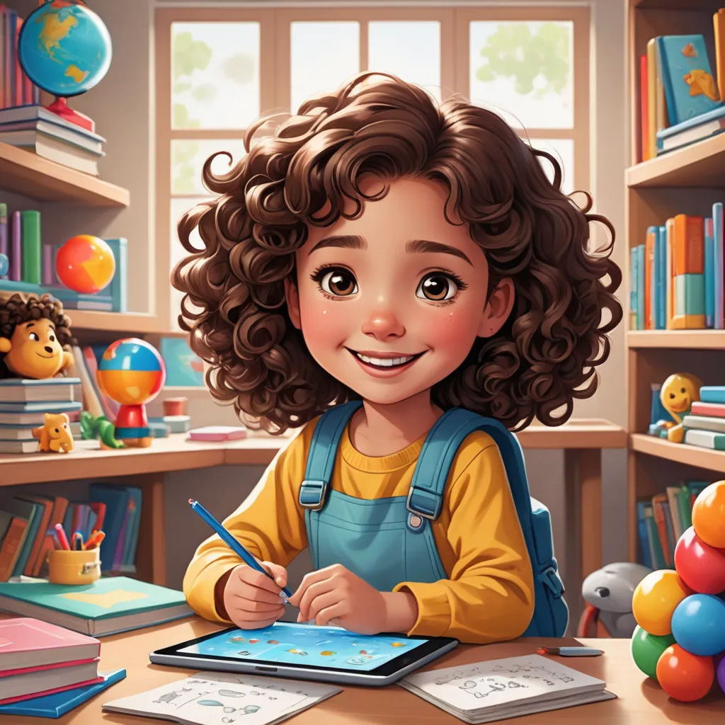 a cartoon girl is sitting at a desk with a tablet and a pen in her hand and a bookcase in the background, paris school, a storybook illustration, Diego Gisbert Llorens, trending on art station
