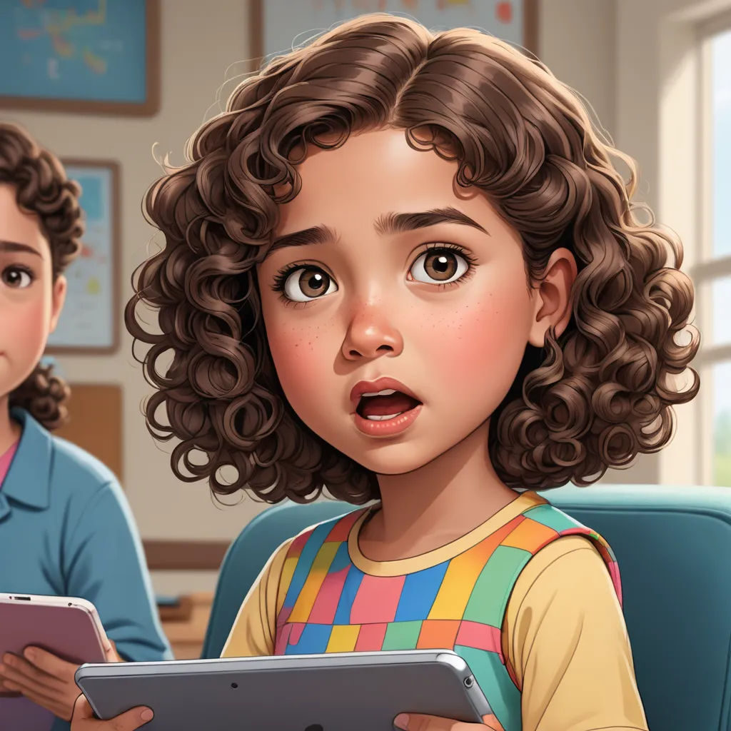 a young girl holding a tablet in front of a girl with curly hair and a surprised look on her face, serial art, a detailed painting, Chris LaBrooy, trending on art station