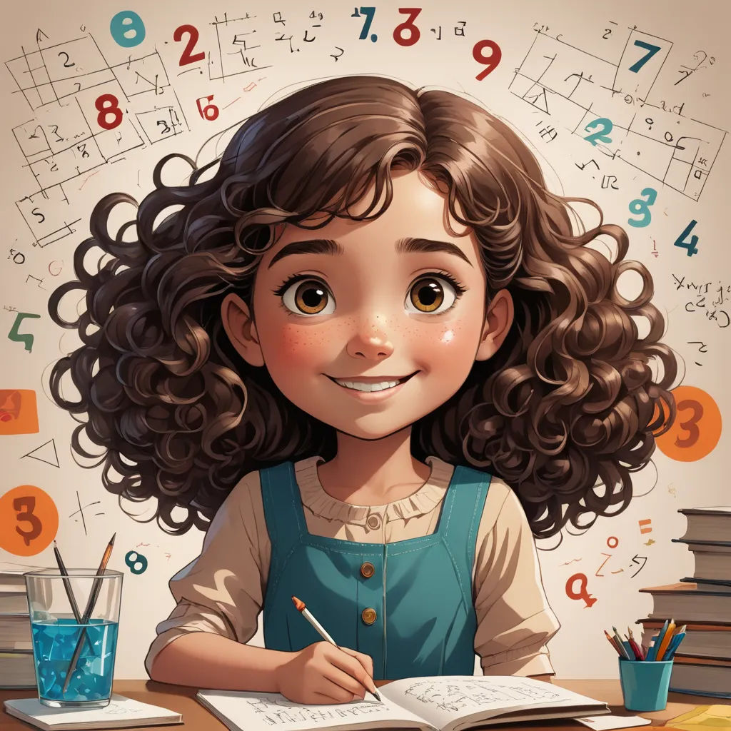 a girl with curly hair is sitting at a desk with a book and pencil in front of her and a lot of numbers behind her, academic art, a storybook illustration, Diego Gisbert Llorens, trending on art station