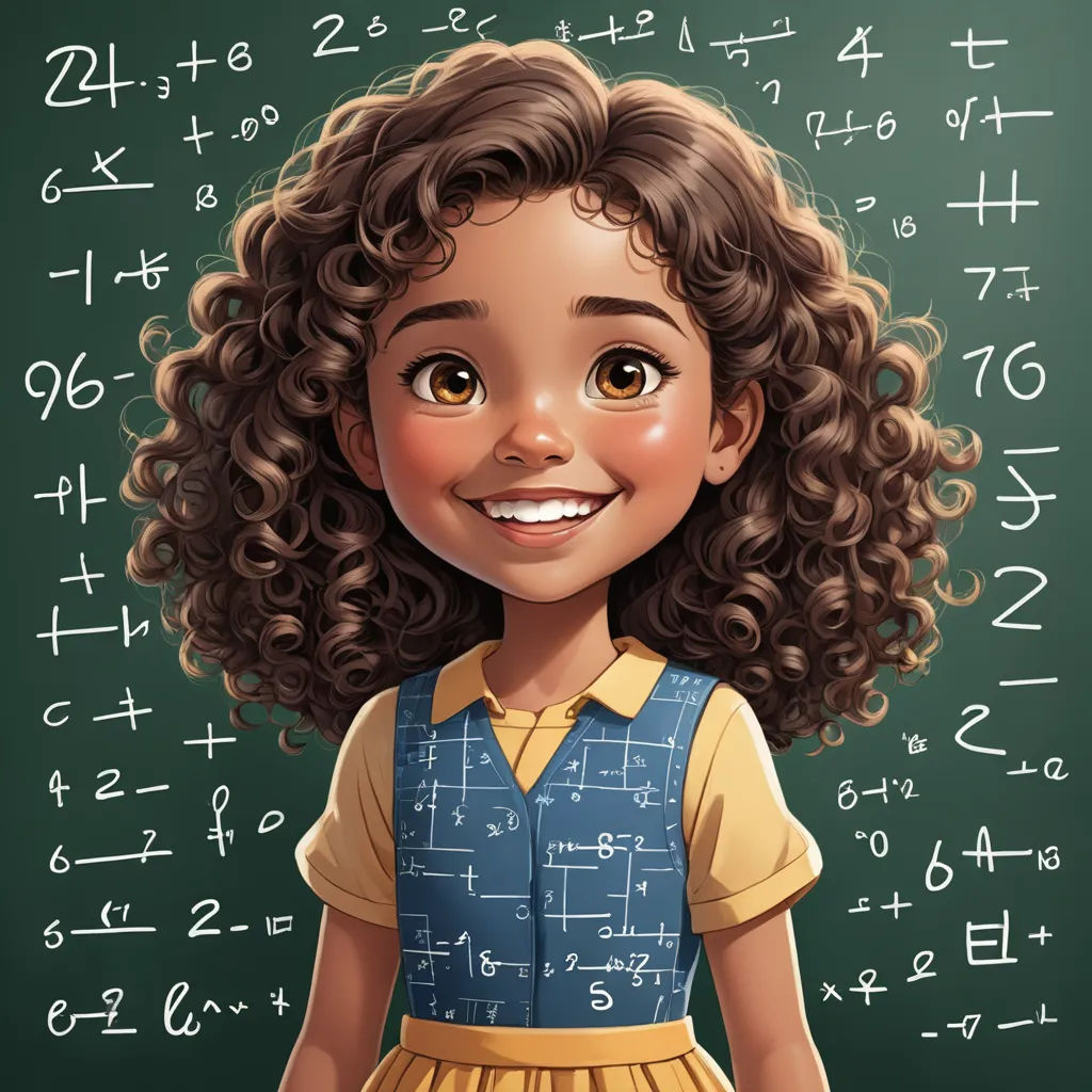 a cartoon girl with curly hair standing in front of a chalkboard with numbers on it and a smile, analytical art, a character portrait, Diego Gisbert Llorens, cgstudio