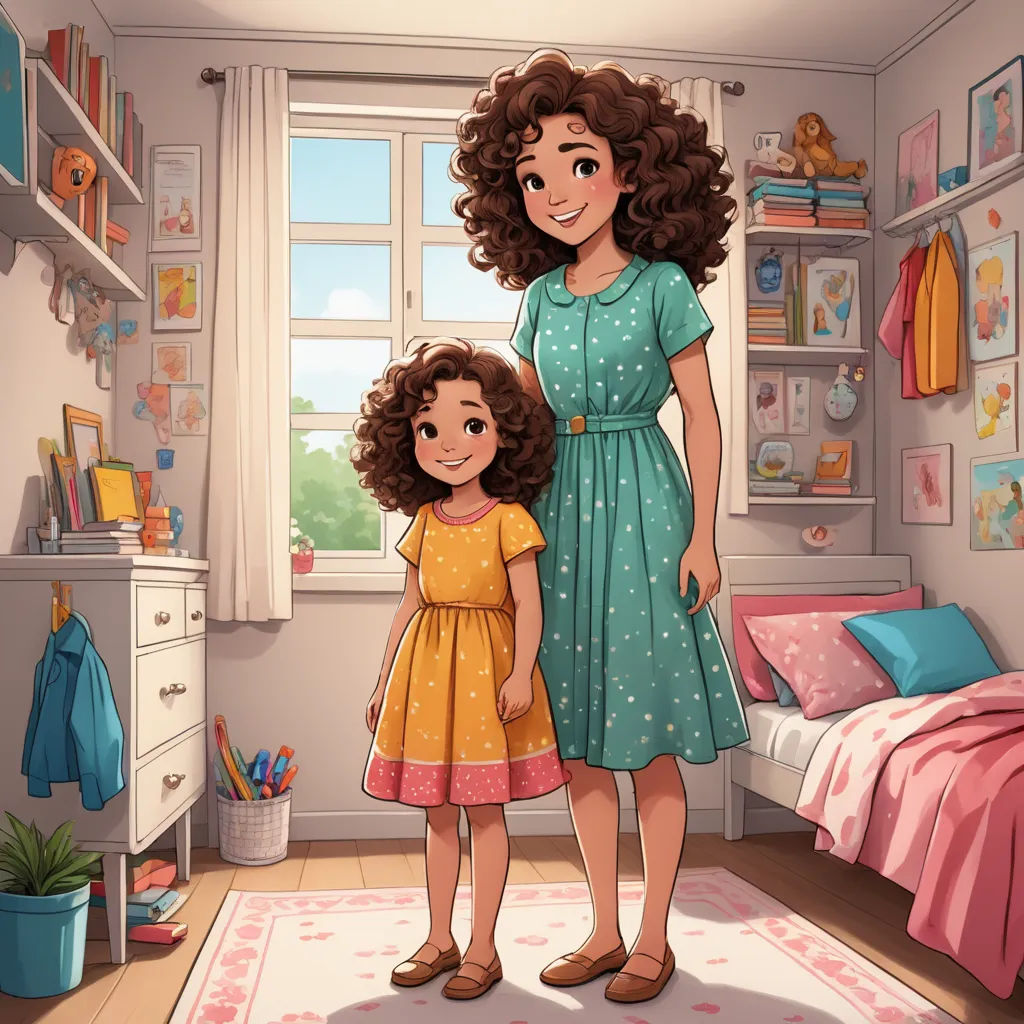 a woman and a girl standing in a room with a bed and a rug on the floor and a window, serial art, a storybook illustration, disney, pixar and disney animation