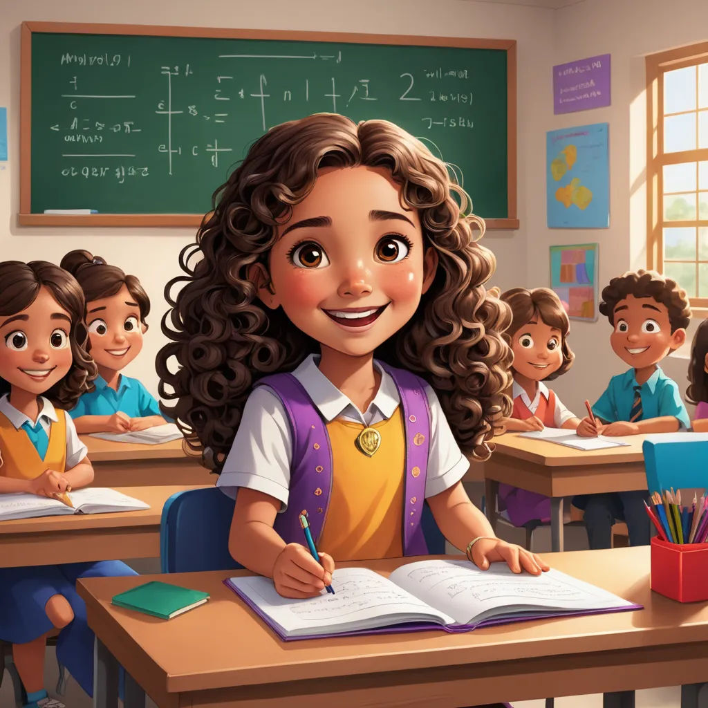 a cartoon girl is writing in a classroom with other children behind her and a chalkboard with numbers on it, quito school, a storybook illustration, Alejandro Burdisio, official art