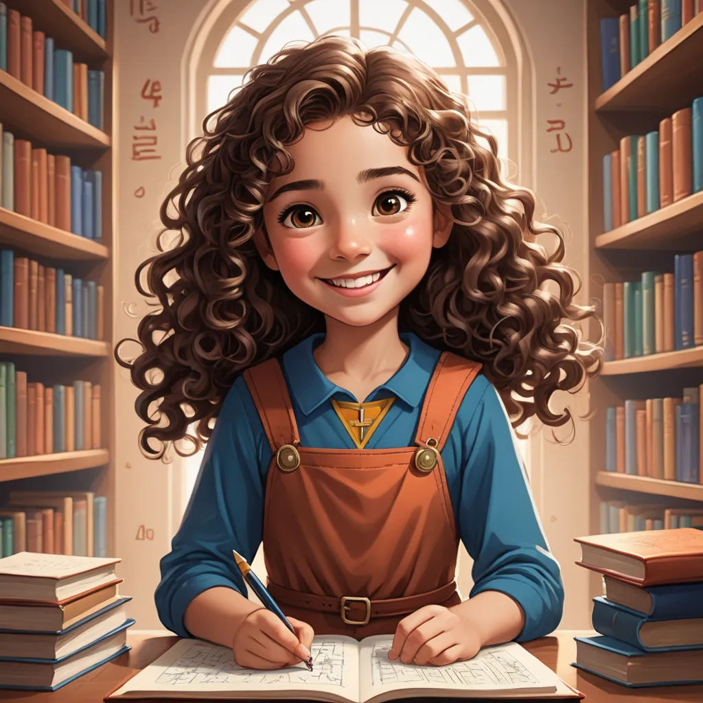 a cartoon girl is sitting at a desk with books and a pen in her hand and smiling at the camera, academic art, a storybook illustration, Artgerm, storybook illustration