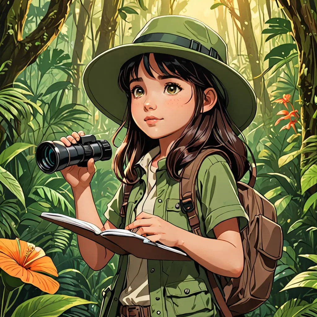 a girl in a green hat is holding a camera and a book in a jungle with a butterfly on it, naturalism, a character portrait, Cliff Childs, cushart krenz