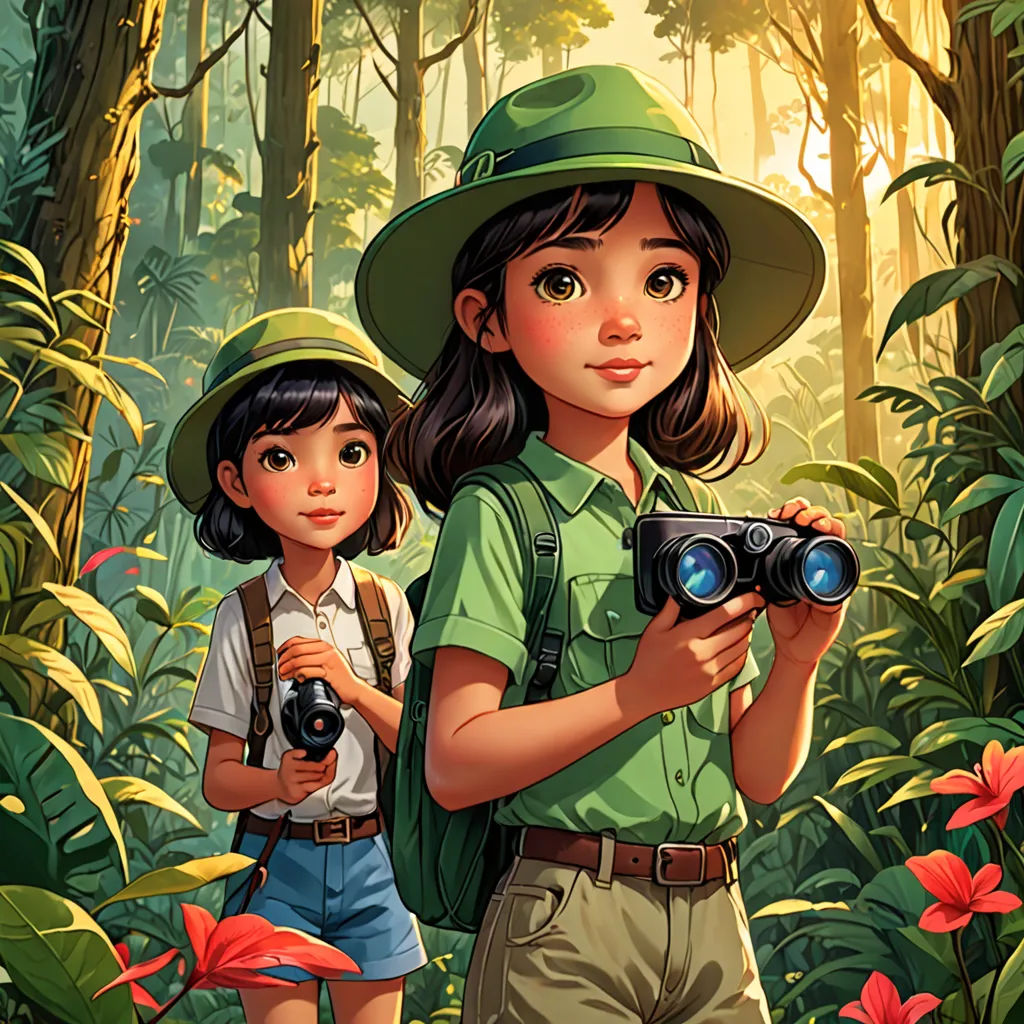a boy and girl are standing in the jungle with binoculars and a camera in their hands, looking at the camera, lyco art, a storybook illustration, Cliff Childs, rossdraws global illumination