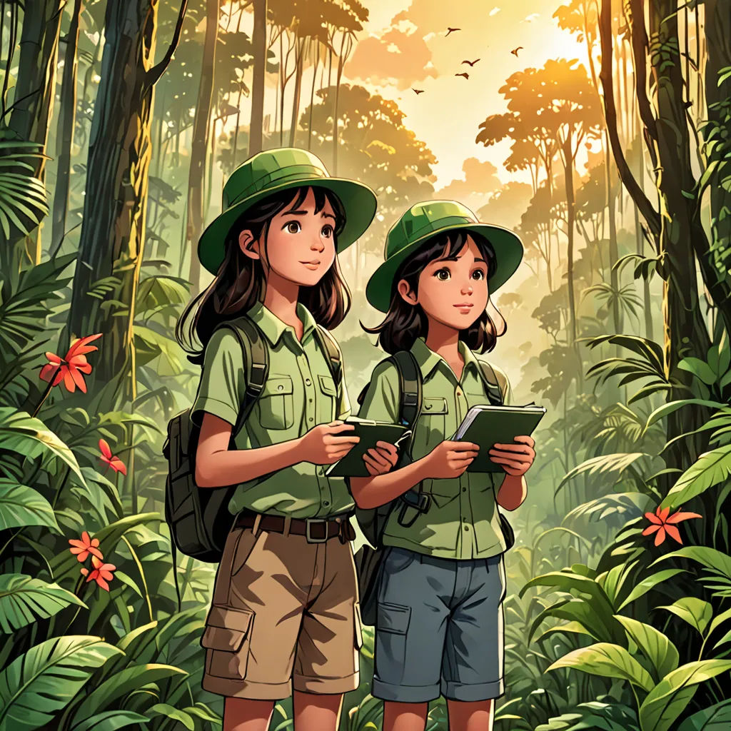 two children in the jungle looking at a tablet computer screen with a bird flying overhead them and a bird flying above them, sumatraism, a storybook illustration, Diego Gisbert Llorens, official art