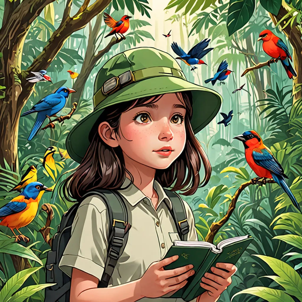 a girl in a green hat is reading a book in the jungle with birds flying around her and a jungle background, naturalism, a storybook illustration, Cliff Childs, rossdraws global illumination