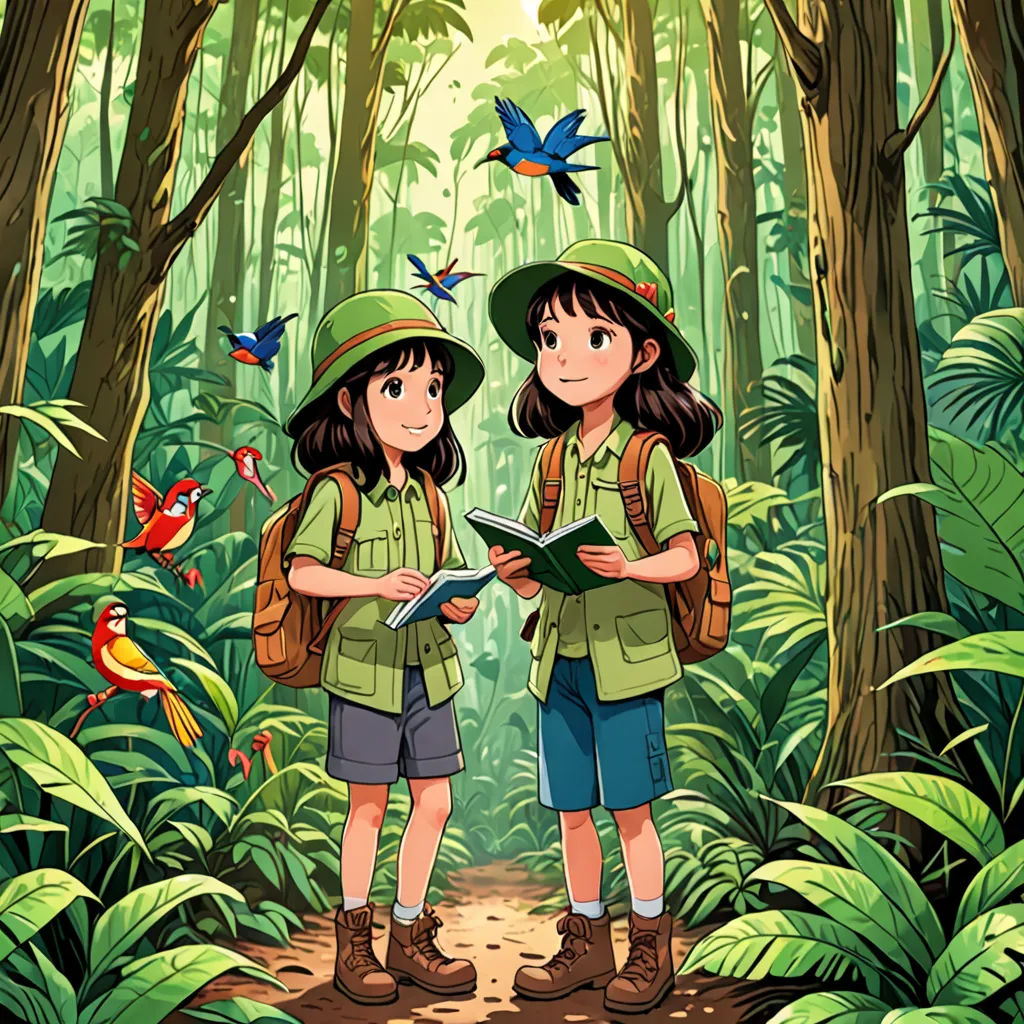 two children are standing in the woods reading a book together, with birds flying around them and a bird - flying above them, serial art, a storybook illustration, Cliff Childs, official art