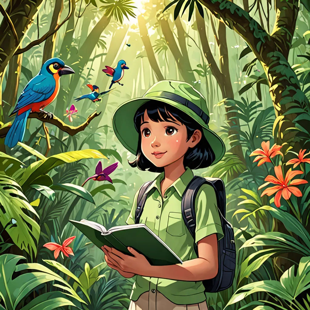 a girl in a green shirt and hat reading a book in a jungle with birds flying around her and a bird on her shoulder, environmental art, a storybook illustration, Cliff Childs, rossdraws global illumination