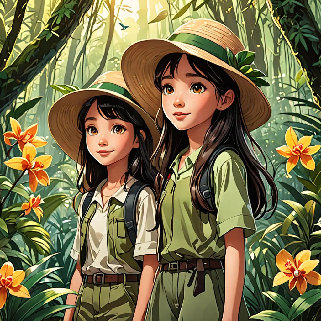 two girls in hats standing in a jungle with flowers and plants behind them, one of them is wearing a green shirt and the other is wearing a green, naturalism, poster art, Artgerm, rossdraws global illumination