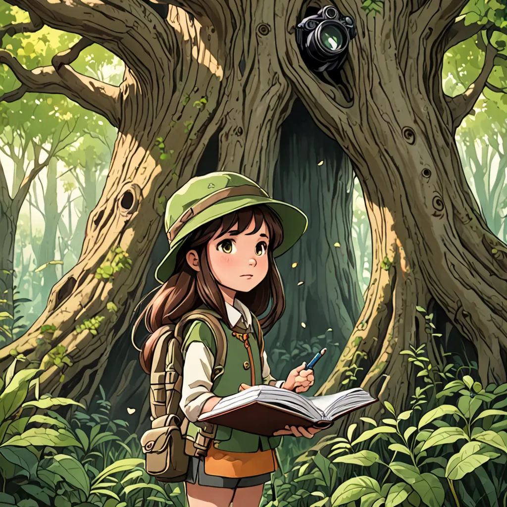 a girl in a hat and backpack standing in front of a tree with a book in her hand and a camera in the background, photorealism, a storybook illustration, artist, official art