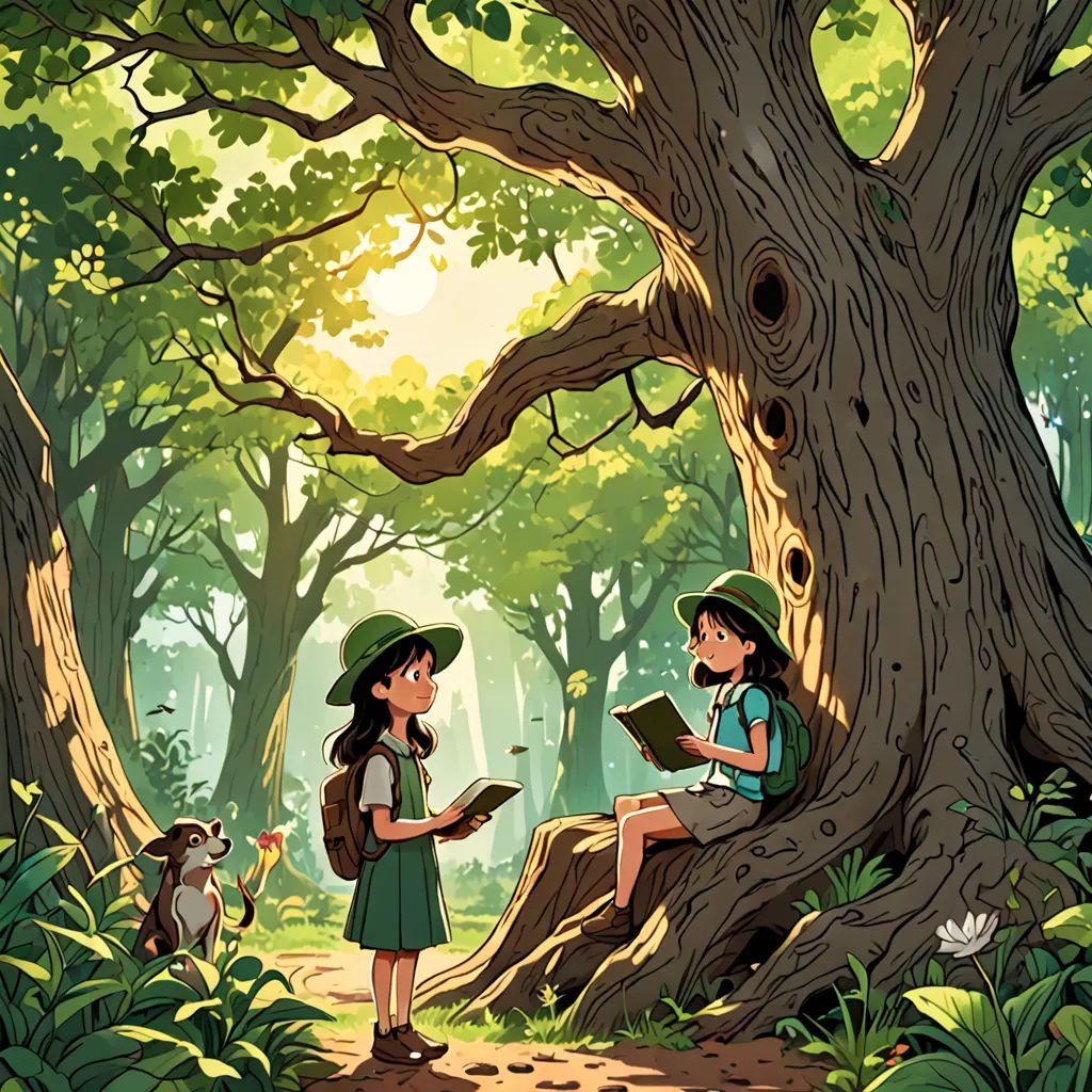 a girl reading a book in a forest with a dog sitting on a tree stump next to her and a dog standing next to her, plein air, a storybook illustration, Diego Gisbert Llorens, storybook illustration