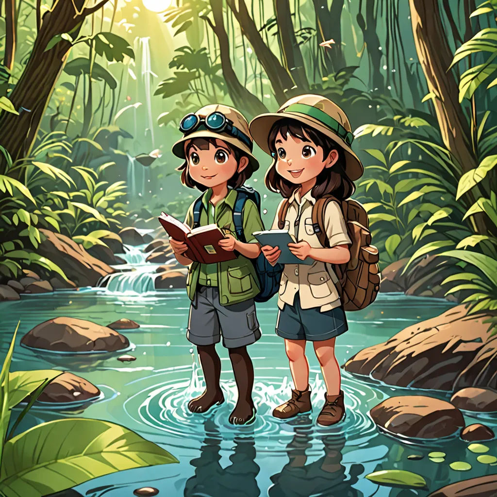 two children standing in a stream reading a book together, with a jungle background and sunlight shining through the trees, environmental art, a storybook illustration, Cliff Childs, cushart krenz
