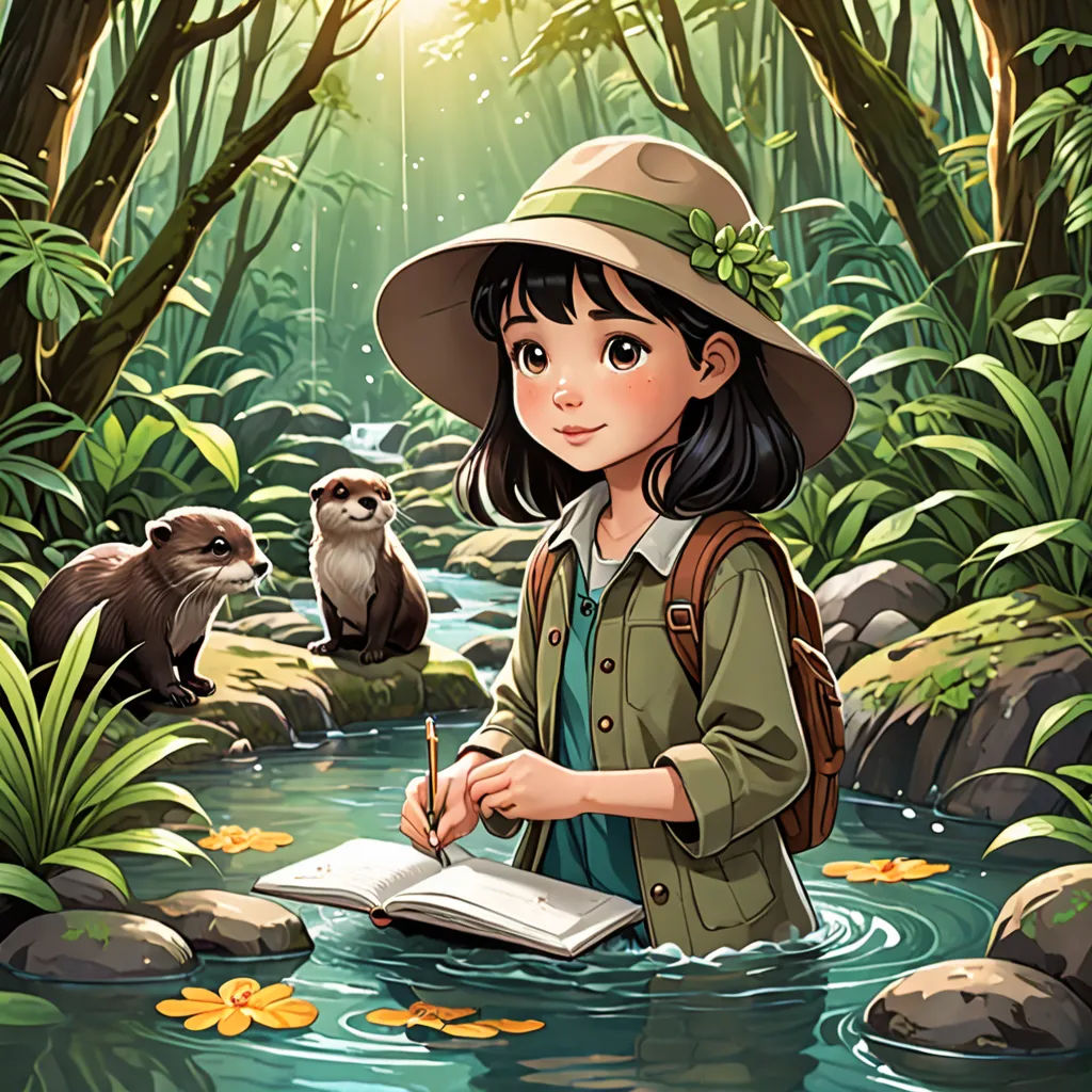 a girl in a hat is writing in a river with a beaver and a beaver in the background,, environmental art, a storybook illustration, Cliff Childs, storybook illustration