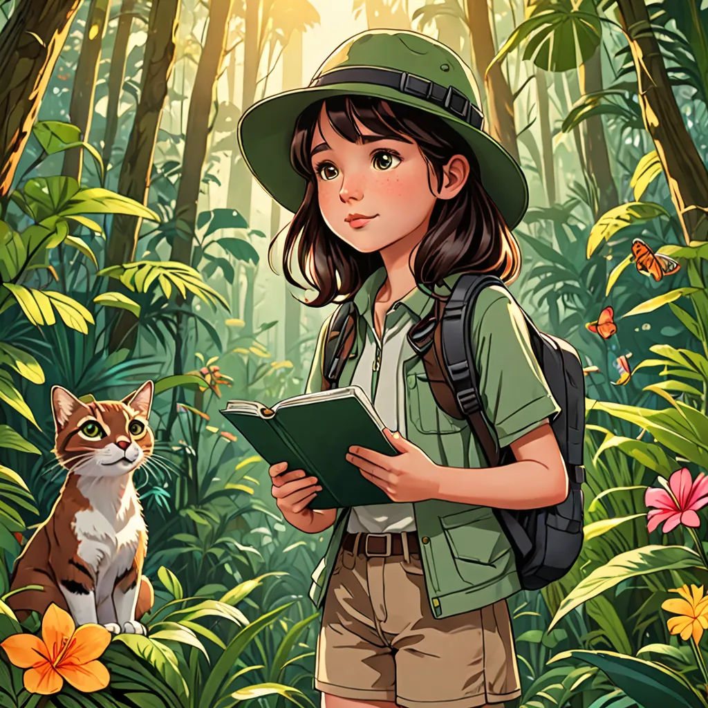 a girl in a green hat is reading a book in the jungle with a cat nearby on a sunny day, environmental art, a storybook illustration, Cliff Childs, comic cover art