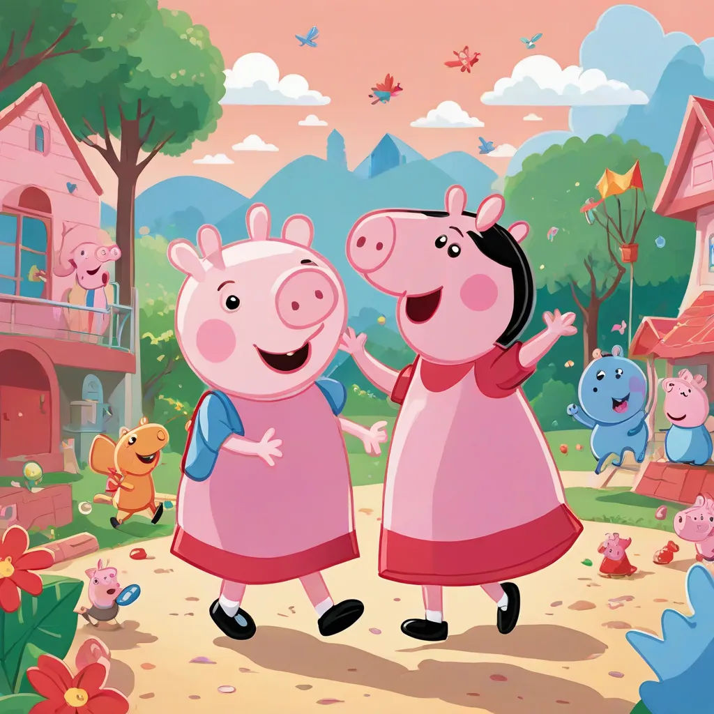 a couple of pigs standing next to each other in a park with a house and trees in the background, primitivism, a storybook illustration, Ada Gladys Killins, promotional image