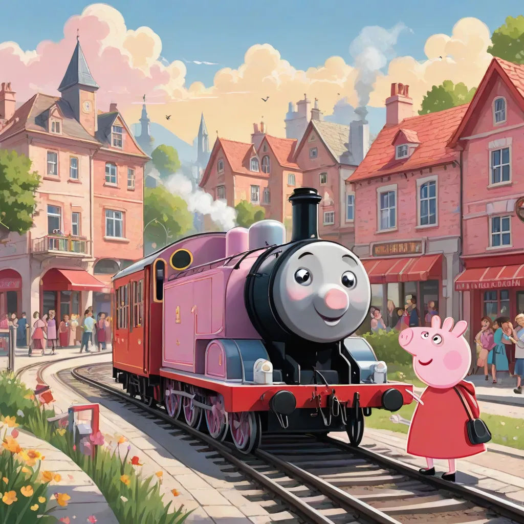 a cartoon train with pep the pig on the tracks and people walking around it in front of a building, sots art, a storybook illustration, Cliff Childs, official art