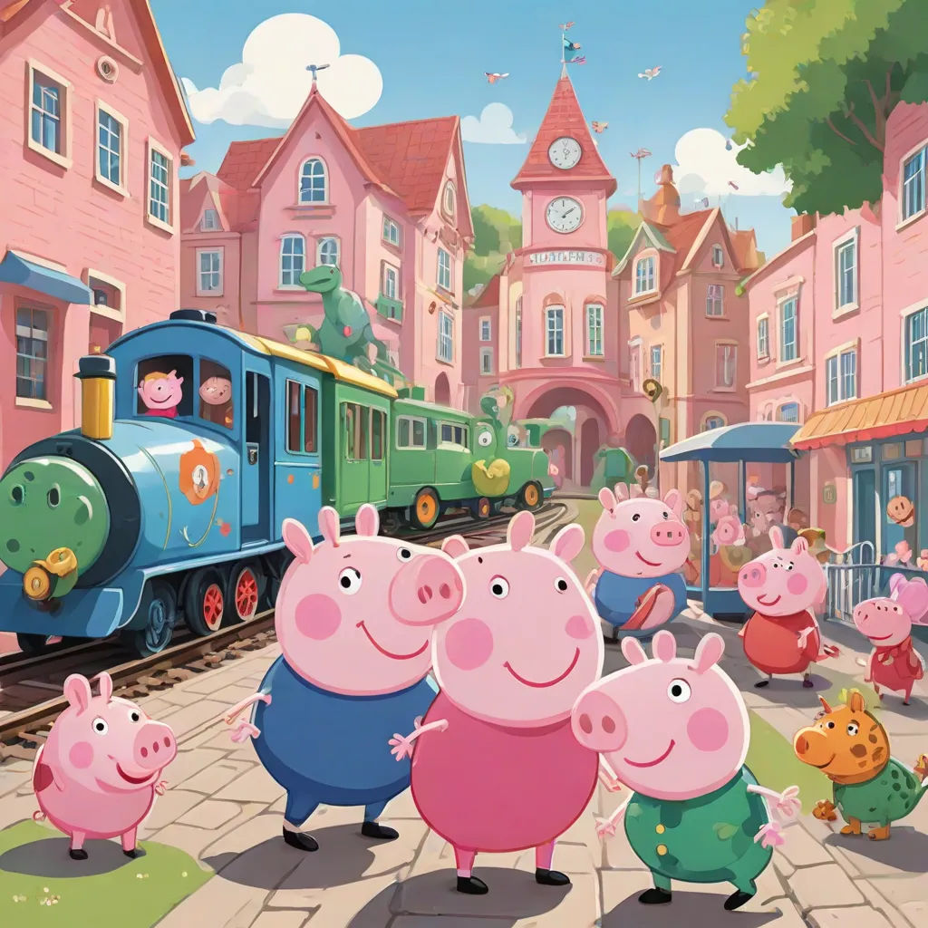 a group of peppo pig characters standing in front of a train on a city street with a train in the background, regionalism, a detailed matte painting, David Young Cameron, promotional image