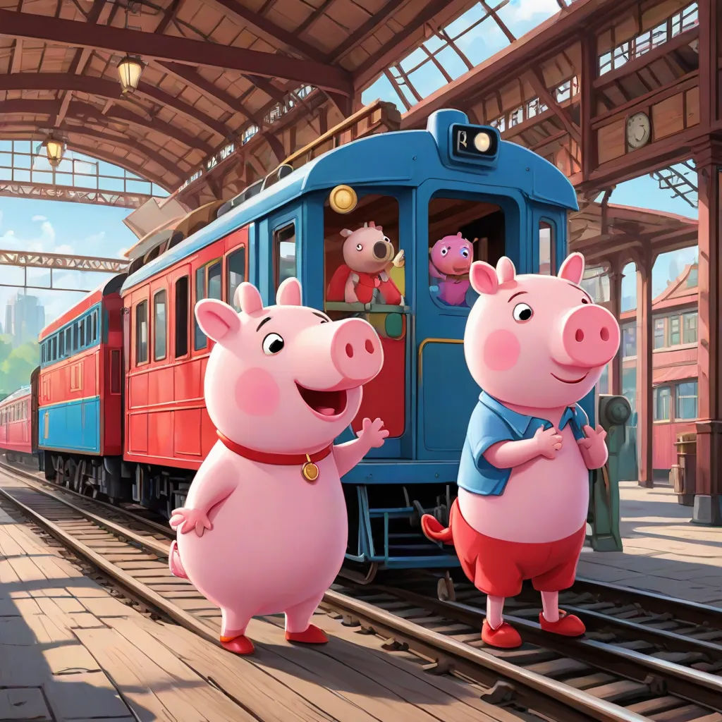 a couple of pigs standing next to a train on a track with a pig on the side of the train, sots art, concept art, Chris LaBrooy, official art