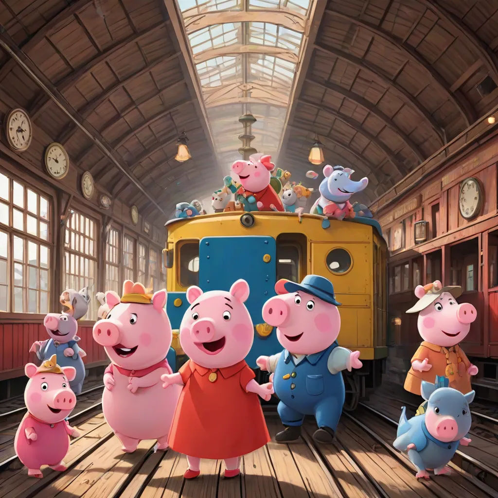 a group of peppo pig characters standing on a train track in a train station with a train in the background, sots art, a digital rendering, Beatrix Potter, promotional image
