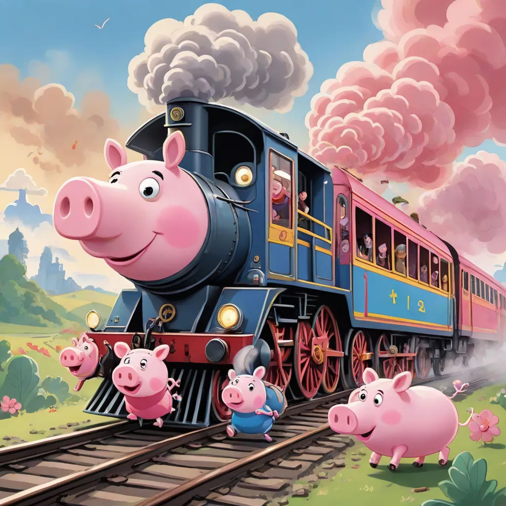 a piggy train with pigs riding on the tracks and a pig in the middle of the train with pigs, sots art, a storybook illustration, David Young Cameron, official art