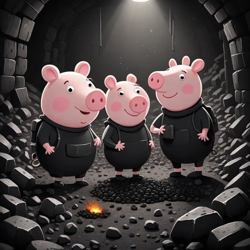 three pigs standing in a tunnel with a light on the ceiling and rocks on the ground below them, with a full moon in the background, sots art, a storybook illustration, Diego Gisbert Llorens, official art