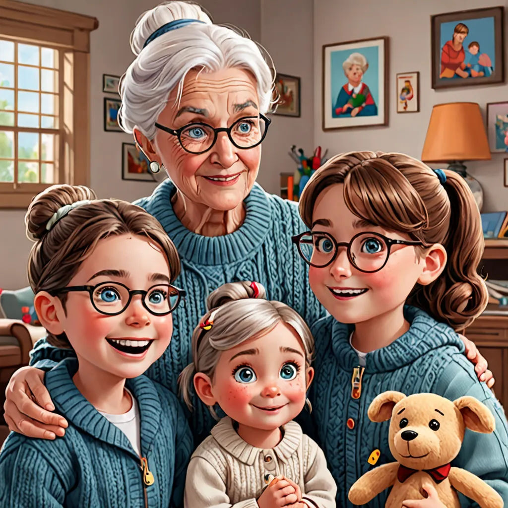 a painting of a family posing for a picture together with a teddy bear and a teddy bear sitting on a table, photorealism, a storybook illustration, Caroline Lucy Scott, highly detailed digital painting