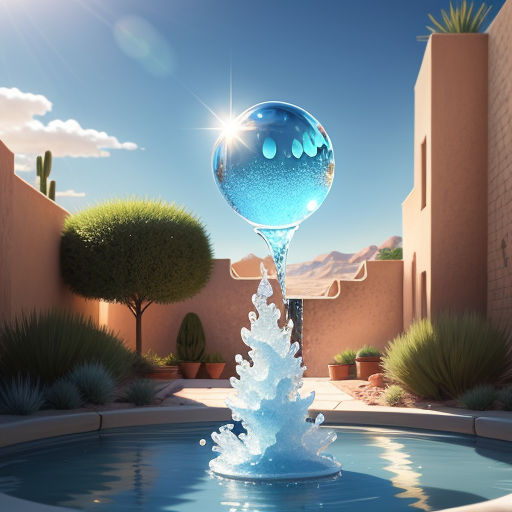 a blue glass ball is in a fountain in a courtyard area with a cactus and a building in the background, photorealism, a raytraced image, Chris LaBrooy, rossdraws global illumination