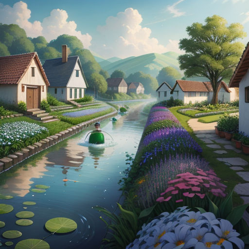 a painting of a person in a boat in a river with houses and flowers around it and a person in a boat in the water, american scene painting, a detailed matte painting, Evgeny Lushpin, kinkade