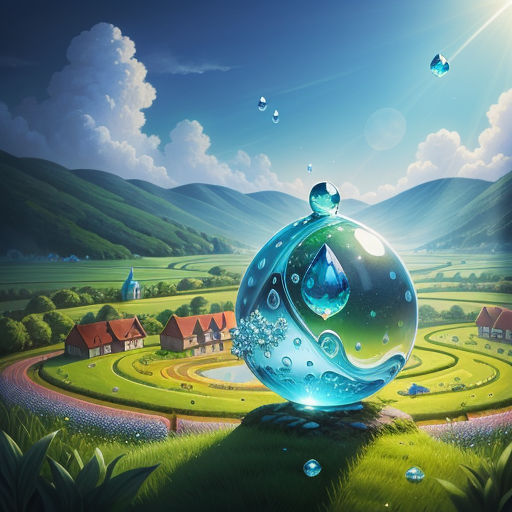 a painting of a blue ball with a house in the background and a green field with houses in the background, fantasy art, a storybook illustration, Chris LaBrooy, fantasy artwork