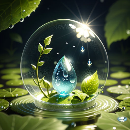 a glass ball with a plant inside of it on a pond of water with leaves around it and a sun shining through the leaves, fantasy art, a photorealistic painting, Cyril Rolando, highly detailed digital painting
