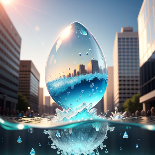 a large blue egg floating in the water with a city in the background and a city in the background, environmental art, a digital rendering, Chris LaBrooy, highly detailed digital art