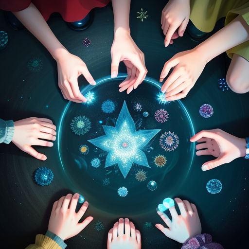 a group of people holding hands around a star in the center of a circle of hands on a black surface, space art, a storybook illustration, Art & Language, trending on art station