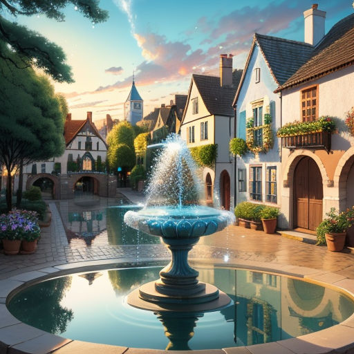 a fountain in a courtyard with a sunset in the background and a house in the background with a clock tower, american scene painting, a detailed matte painting, Evgeny Lushpin, kinkade