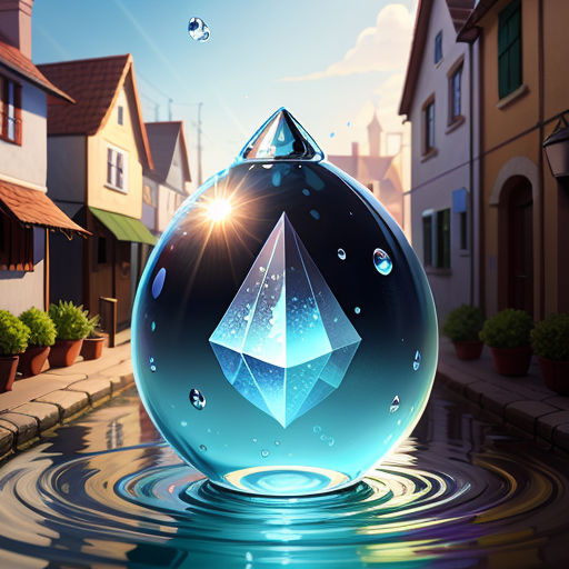 a water drop with a diamond in it in a city street with houses and a blue sky in the background, crystal cubism, a screenshot, Chris LaBrooy, rossdraws global illumination
