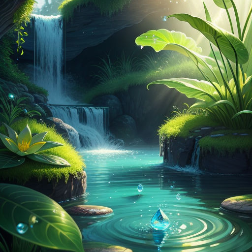 a painting of a waterfall and a small boat in the water with a sunbeam in the background and a green leafy area, fantasy art, a detailed matte painting, Anne Stokes, nature