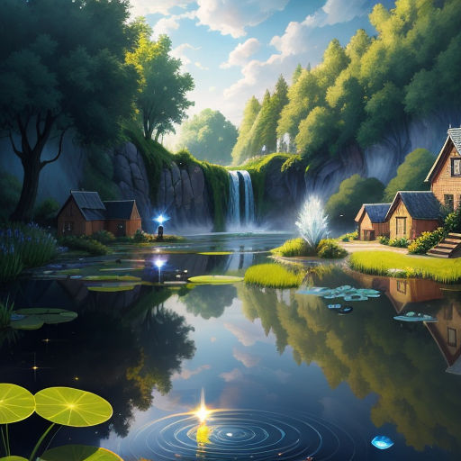 a painting of a pond with a waterfall and houses in the background and a pond with lily pads in the foreground, magic realism, a detailed matte painting, Evgeny Lushpin, highly detailed digital painting