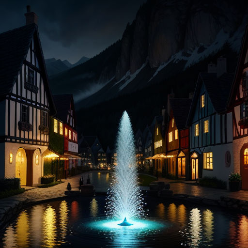 a fountain in a town with a mountain in the background at night time with lights on the buildings and the water in the foreground, fantasy art, a detailed matte painting, Evgeny Lushpin, cinematic matte painting