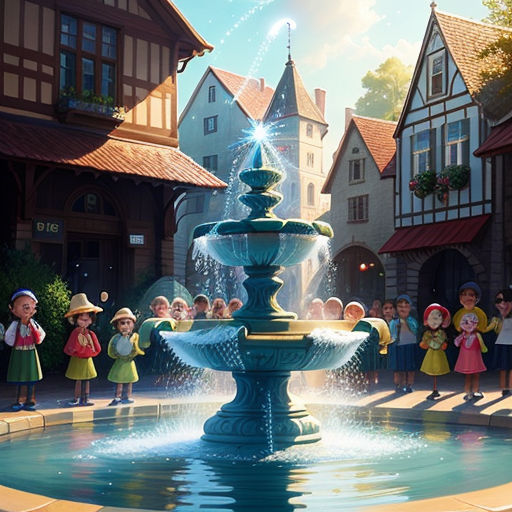 a group of children standing around a fountain in a town square with a fountain in the middle of the street, magical realism, a detailed matte painting, Evgeny Lushpin, rossdraws global illumination