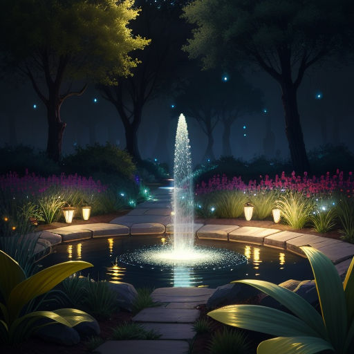 a garden with a fountain and lights at night time with flowers and trees around it and a path leading to the water, fantasy art, a detailed matte painting, Evgeny Lushpin, magical atmosphere