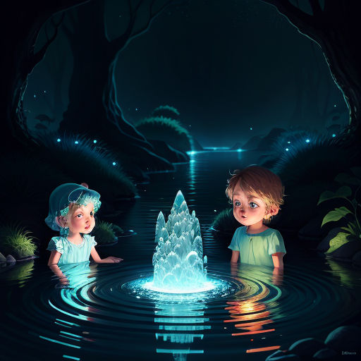 two children are playing in a pond with a fountain in the middle of it at night time, with a glowing light shining on the water, magic realism, a storybook illustration, Cyril Rolando, storybook illustration