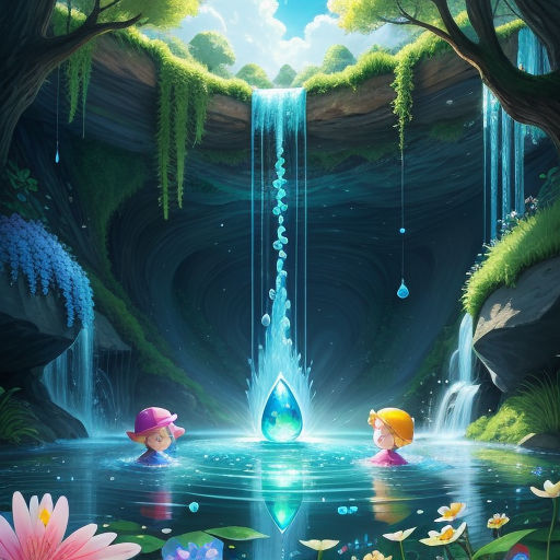 a painting of a waterfall with two little girls in it and a waterfall in the background with flowers and a drop of water, fantasy art, a storybook illustration, Cyril Rolando, waterfall