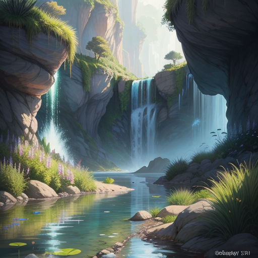 a painting of a waterfall in a forest with a stream running through it and a few plants growing on the rocks, fantasy art, a detailed matte painting, Christophe Vacher, kinkade