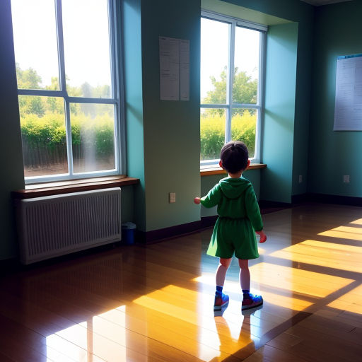 a little girl standing in a room with a window and a sign on the wall behind her and a wooden floor, postminimalism, a stock photo, Esther Blaikie MacKinnon, photorealistic lighting