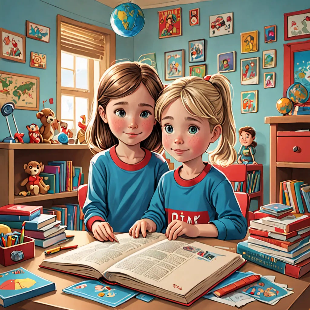 two children sitting at a desk with a book in front of them and a teddy bear on the wall, computer art, a storybook illustration, Bob Byerley, storybook illustration