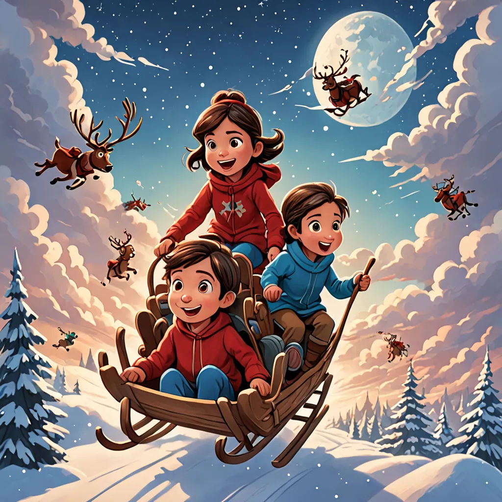 a family riding on a sleigh in the snow with santa's sleigh in the background, space art, a storybook illustration, Cyril Rolando, promotional image